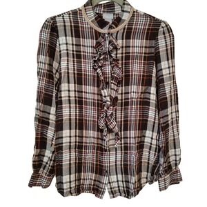 Chicos Button Down Shirt Women Size 1 Brown Plaid Ruffle Front Long Sleeve